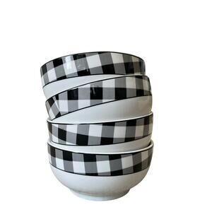 Godinger Black White Checkered Gingham Soup Cereal Bowl 5.5" Porcelain Set of 4
